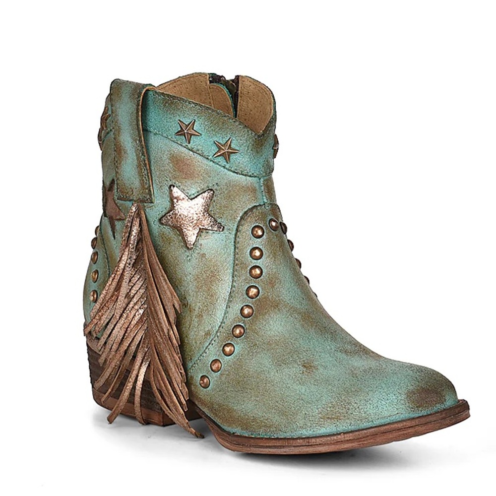 NWOT Circle G By Corral Distressed Western Ankle Boots Fringe Star Studs & Inlay